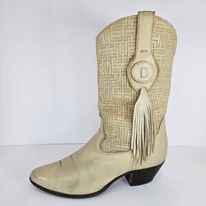 VINTAGE Cream Leather Laredo Basket Weave Pattern Cowgirl‎ Boots Size 6.5M